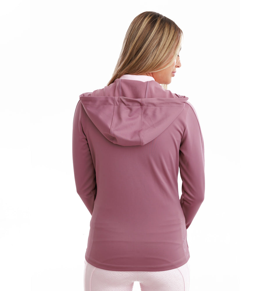
                  
                    Woman wearing a dark pink hoodie facing away showing the back of the jacket on a white background
                  
                