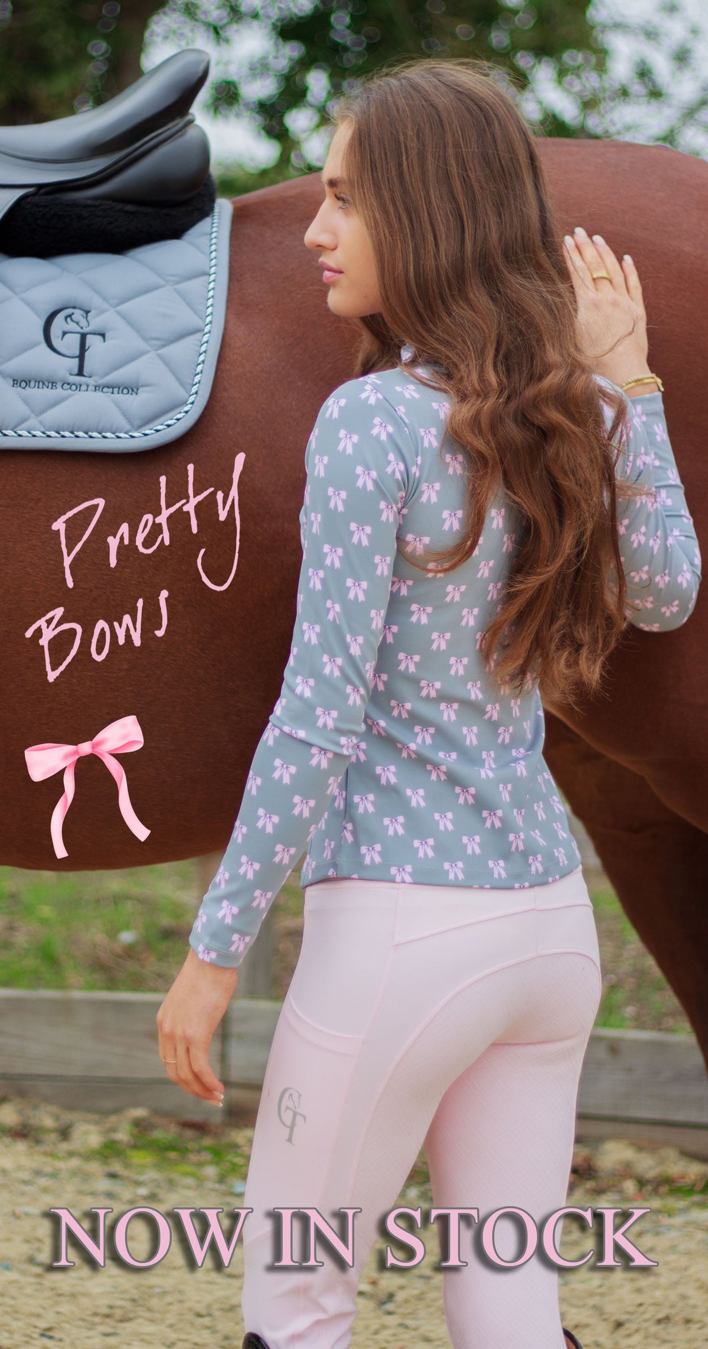 Woman in equestrian attire standing next to a horse with 'Pretty Bows' text.