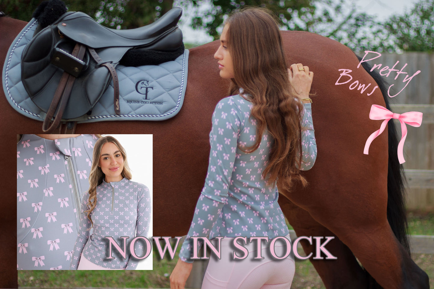 Woman standing next to a horse with a grey saddle, wearing a blue shirt with pink bows.