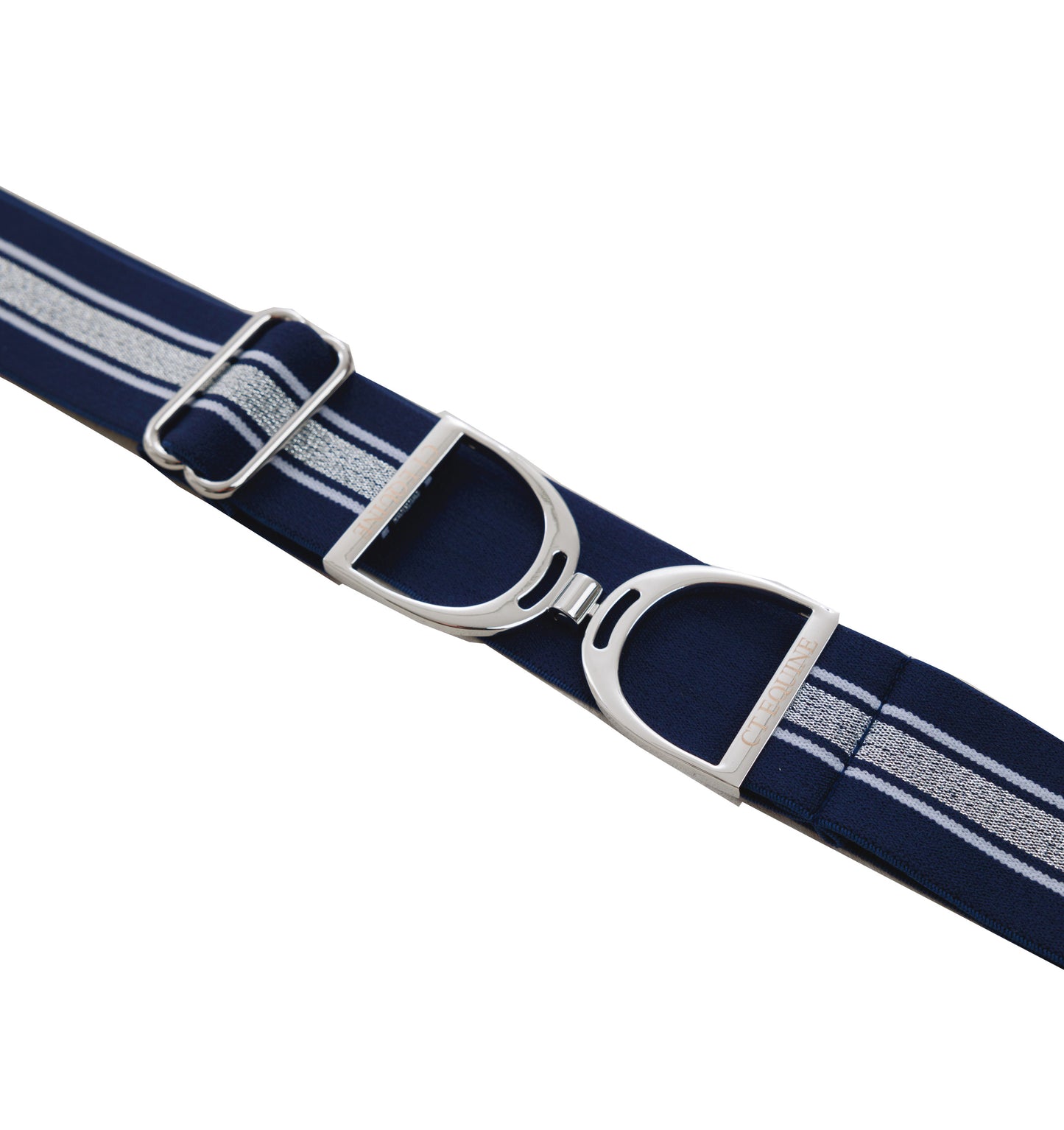 
                  
                    Navy blue belt with silver buckle on a white background
                  
                