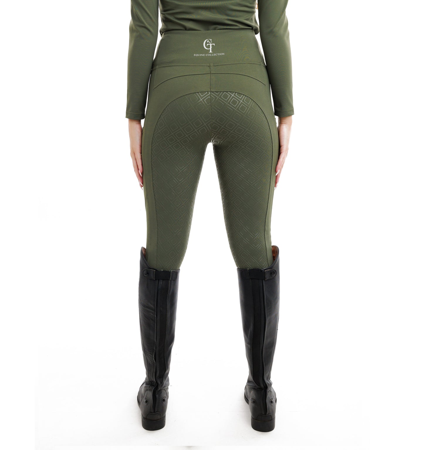 
                  
                    Person wearing green riding trousers with a logo on a white background
                  
                