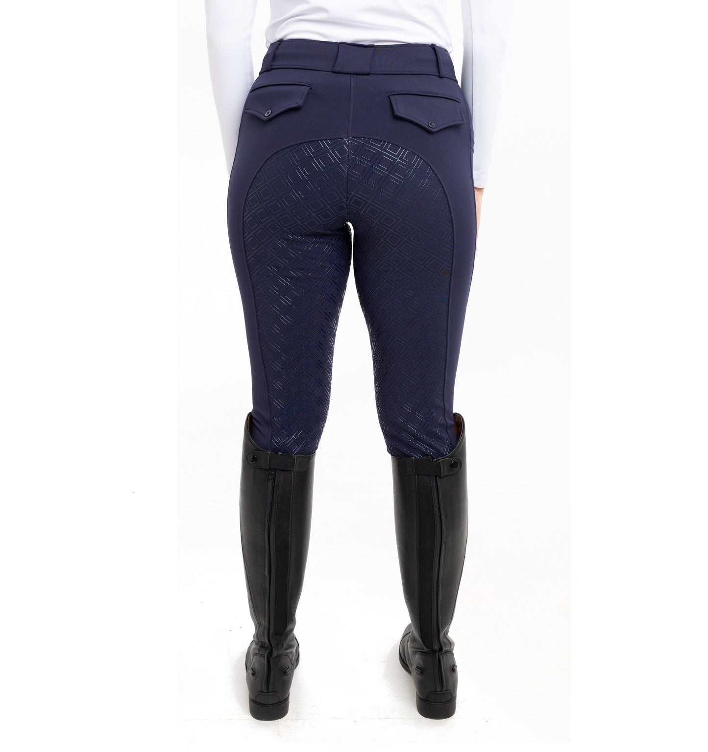 
                  
                    Navy Equine Breeches  with full silicon seat back view
                  
                