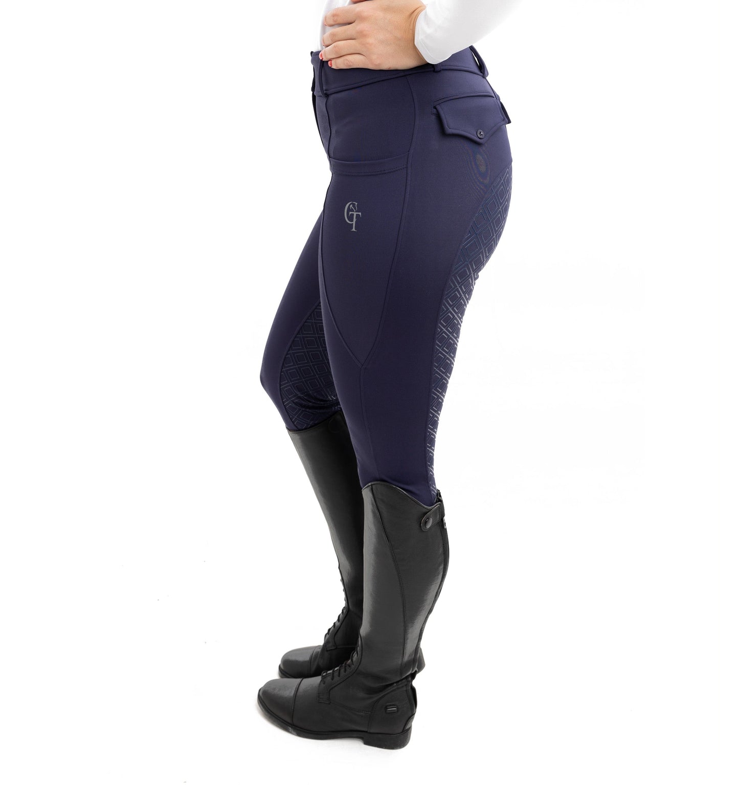 
                  
                    Navy Equine Breeches  with full silicon seat side view
                  
                