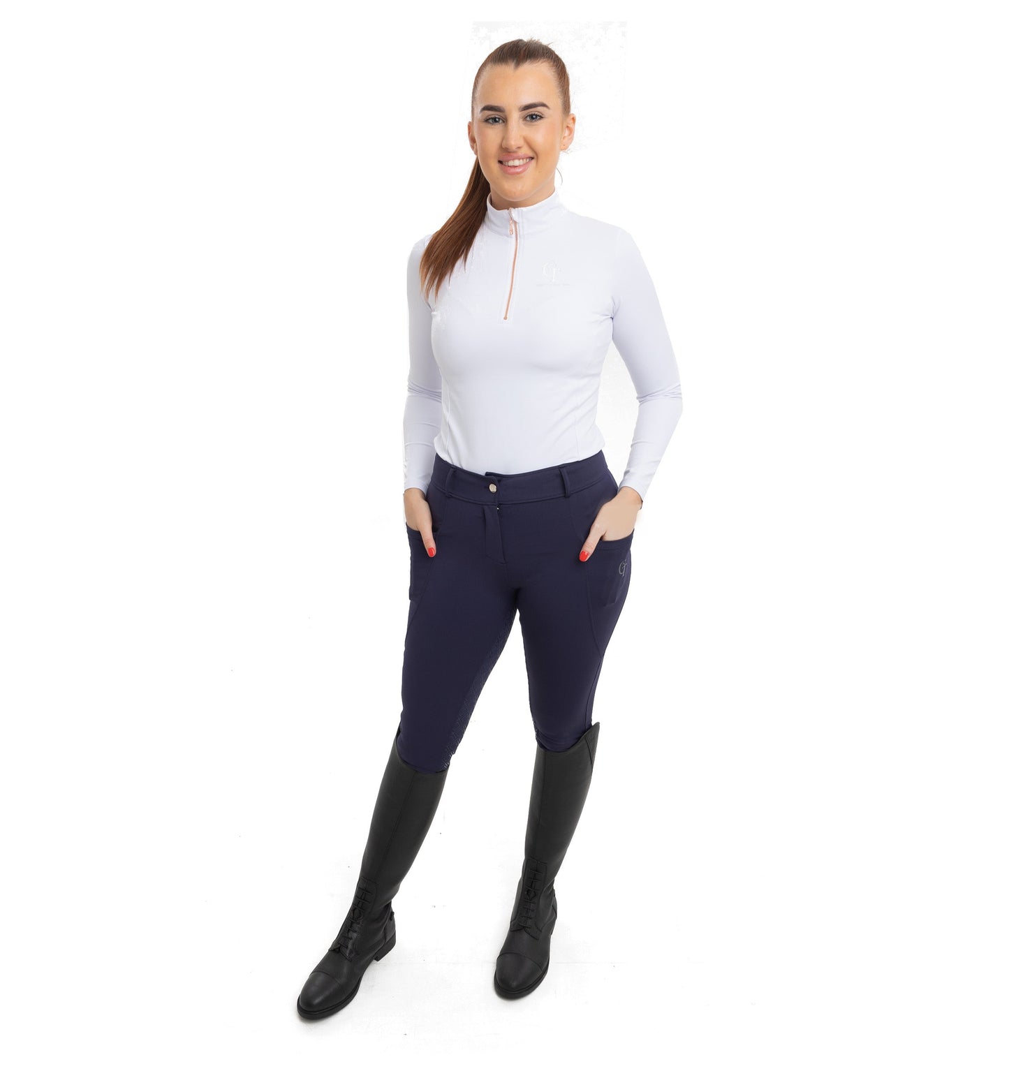 
                  
                    Navy Equine Breeches  with full silicon seat full pose view
                  
                