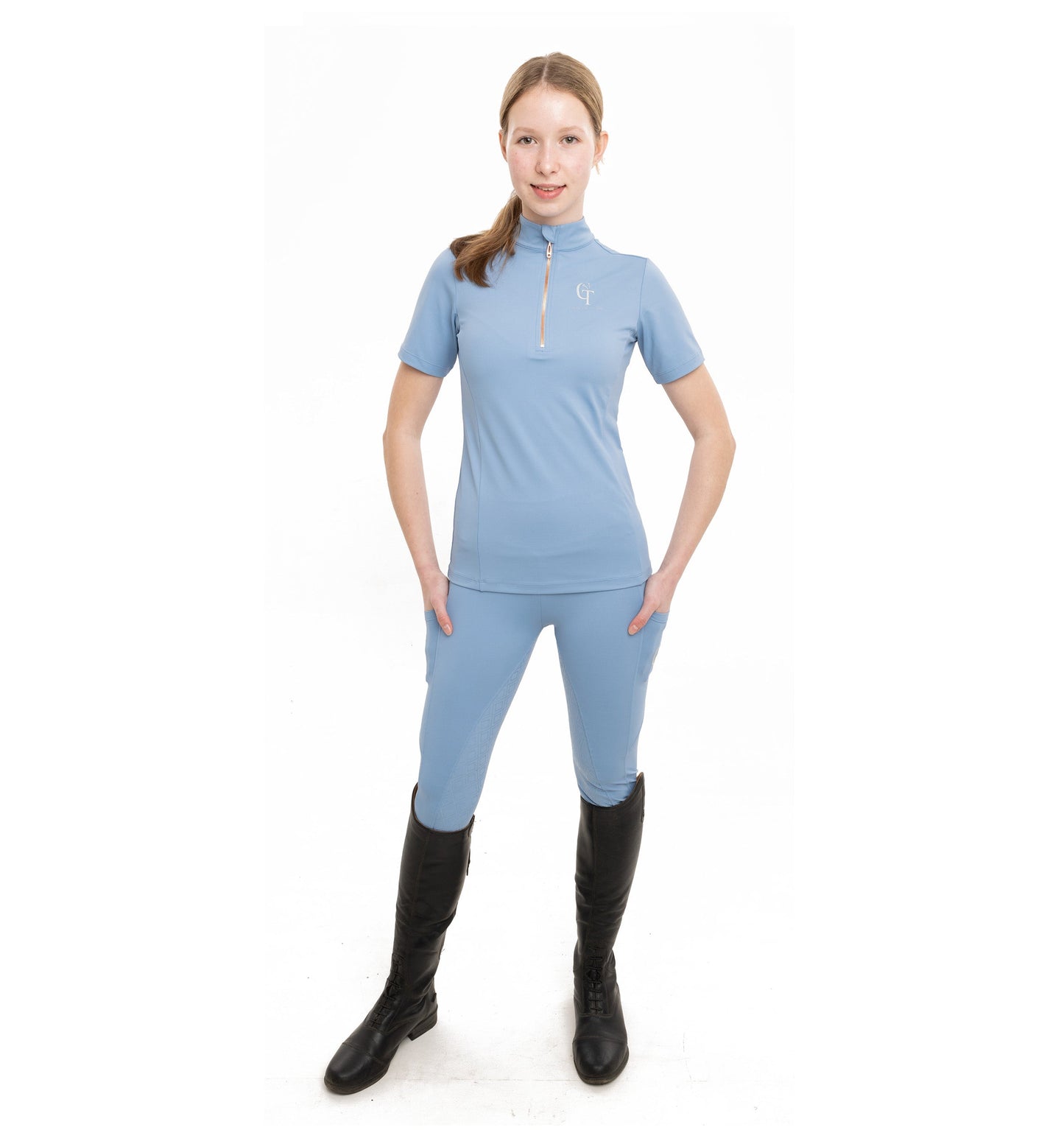 
                  
                    Young Rider Equine Short Sleeve Base Layer full pose sky blue
                  
                