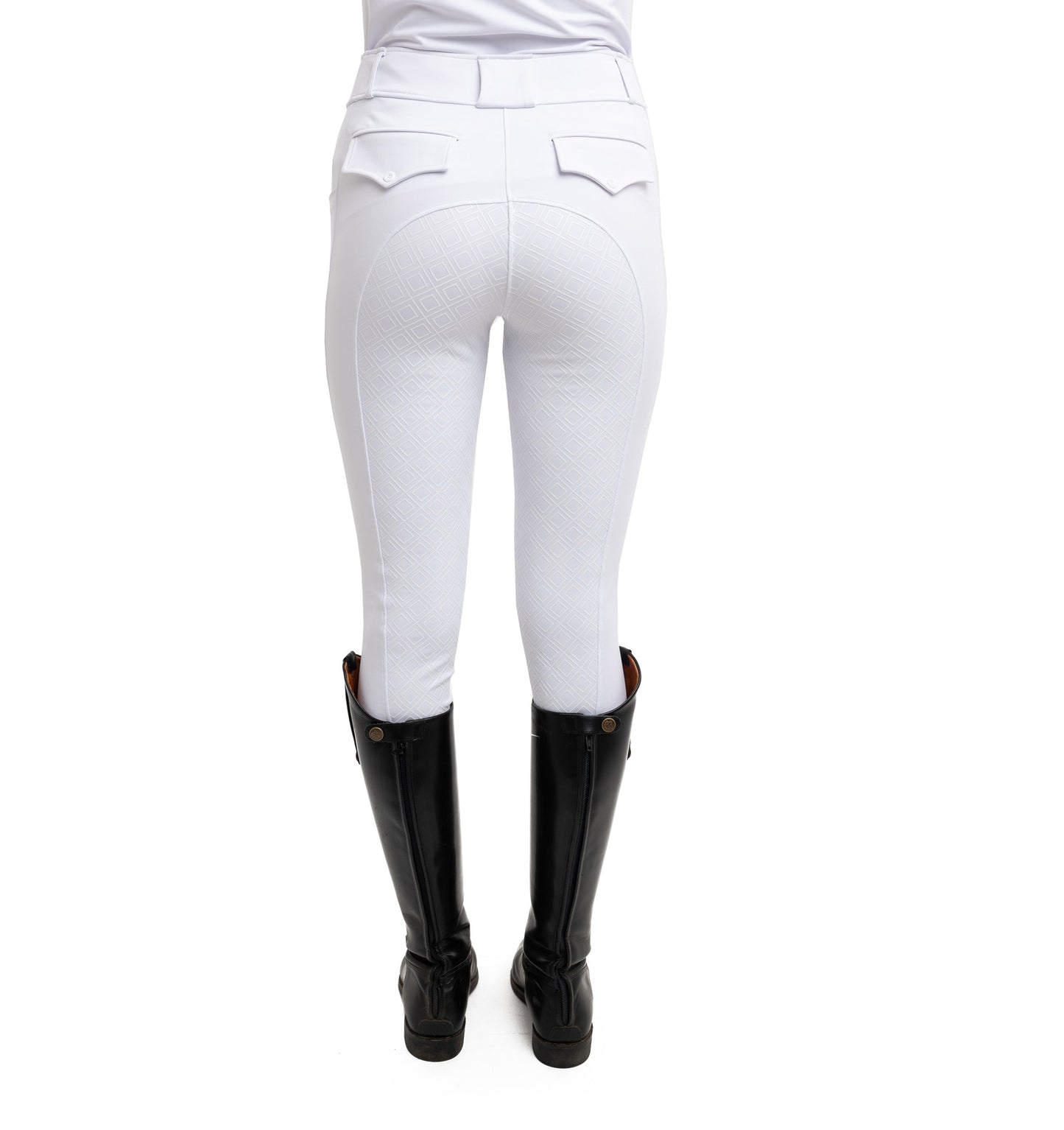 
                  
                    White Equine Breeches for competitions with full silicon seat back view
                  
                